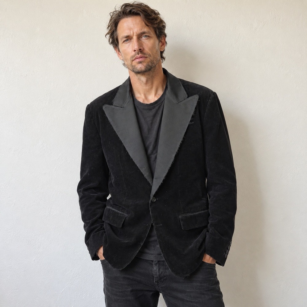 John Varvatos Mens Blazer 50R 40 US Black Corduroy Peak Lapel Raw Edge Rocker